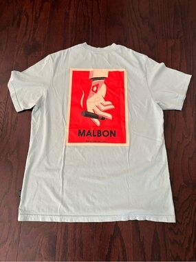 MALBON Bermuda Cigar Short Sleeve T-Shirt Oversized Light Blue Graphic XS NWOT